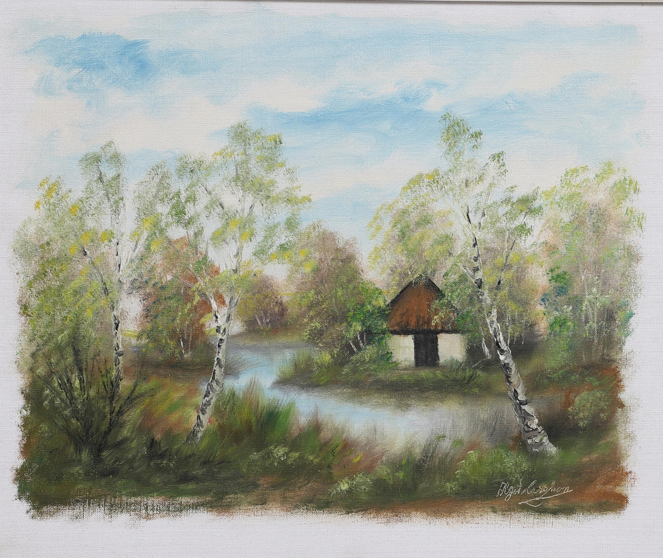 ALGOT LARSSON. oil on canvas, cabin by the stream, signed.