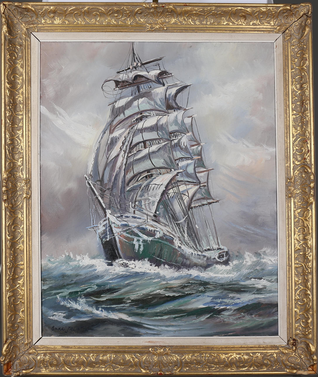 OIDENTIFIERAD KONSTNÄR. Fartyg i storm. Olja på duk, signerad.