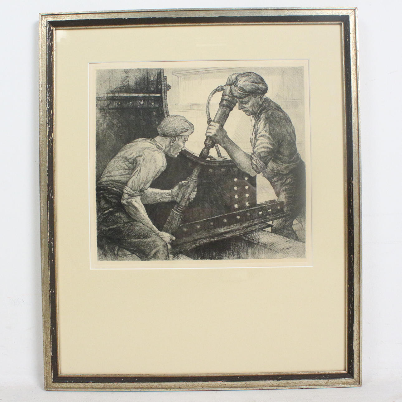 WILLY NUS. 'Worker riveting', etching.