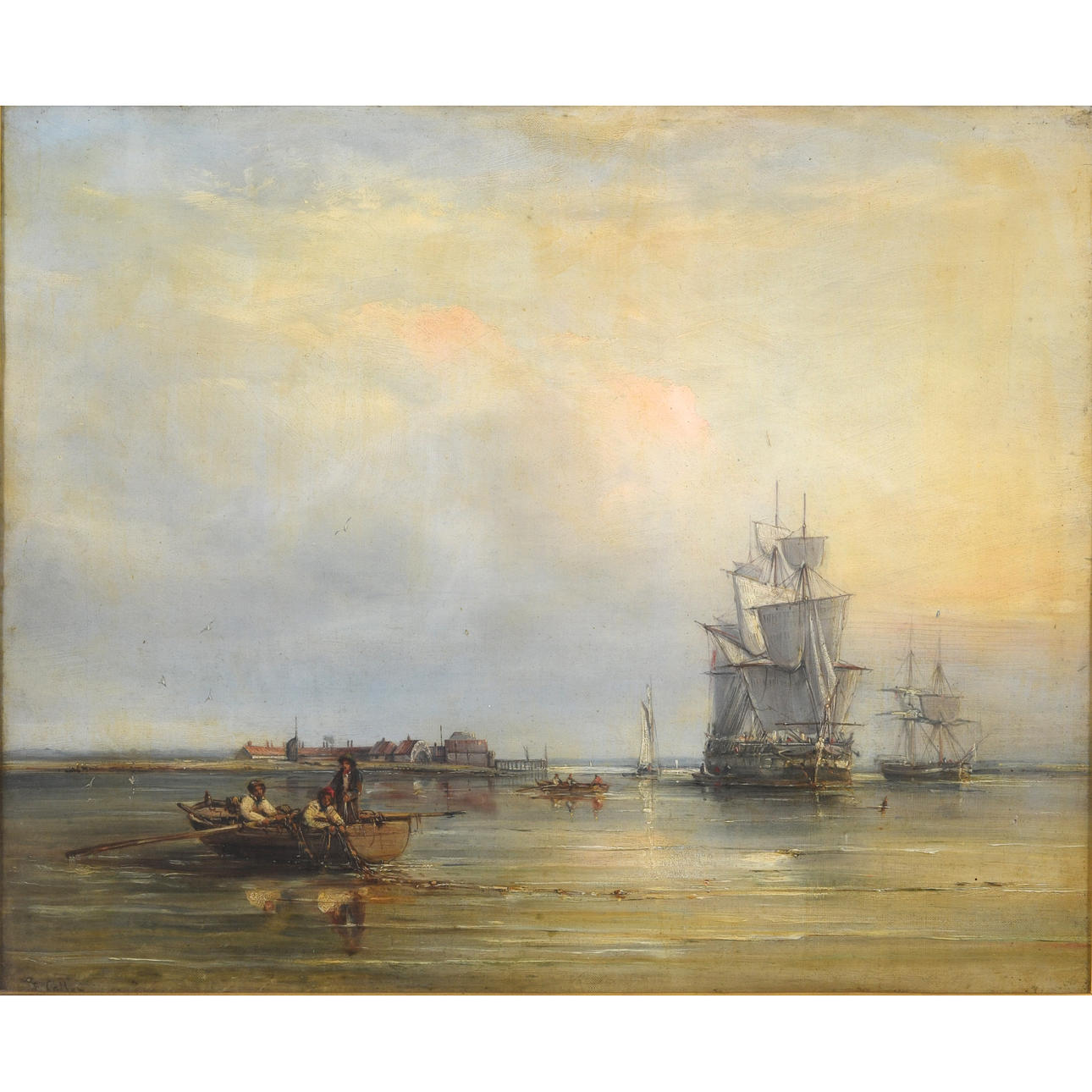 JOHN CALLOW (1822-1878). LOW TIDE: SAILING VESSELS AND A FISHING BOAT IN SHALLOW WATERS.