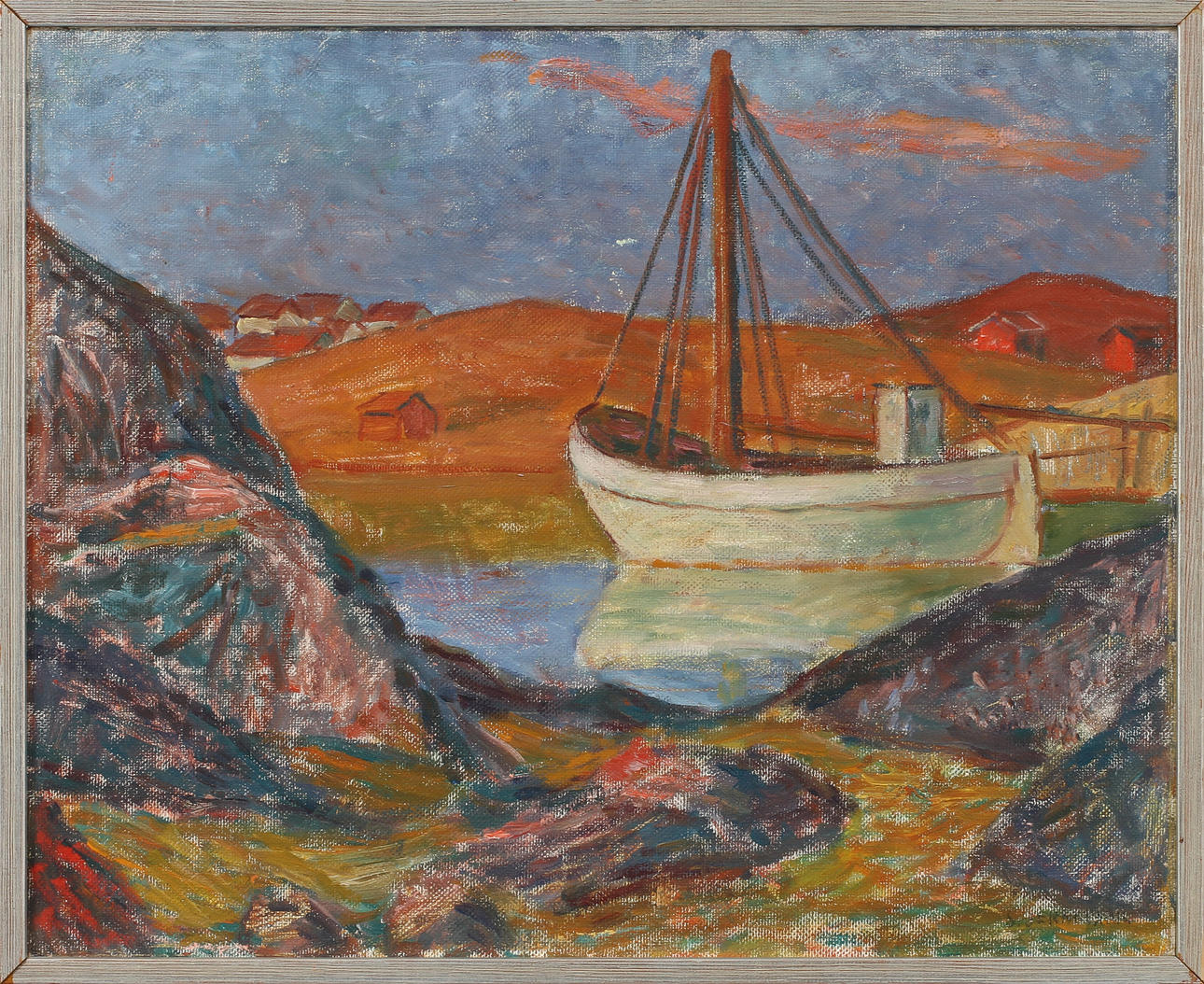 SIGGE JERNMARK. Sjölandskap med fiskebåt, olja på duk, sign.