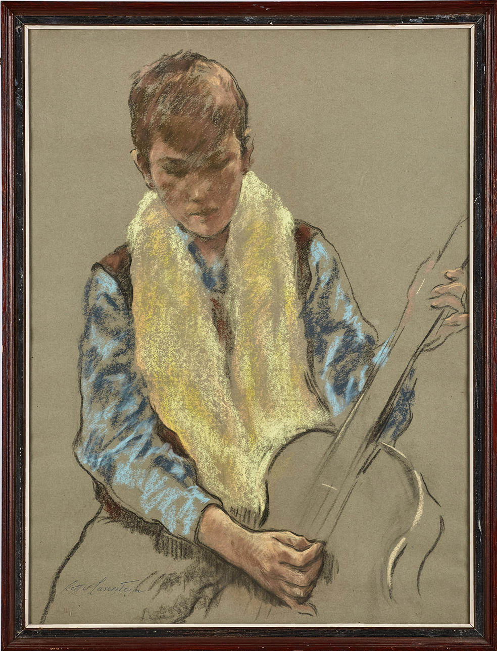LOTTE LASERSTEIN. Portrait of boy playing guitar, mixed media, 64 x 48 cm.