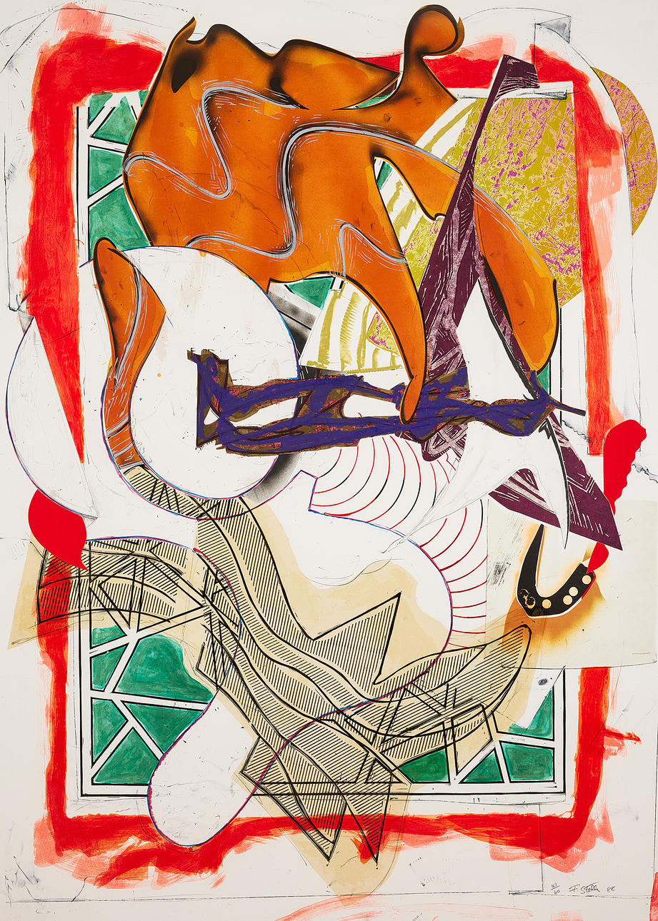 FRANK STELLA. “Hark!", from: "The Waves II Series", serigraphy, lithography, linocut and with hand coloring, marbling and collage, 1989, 187 x 134.2 cm.
