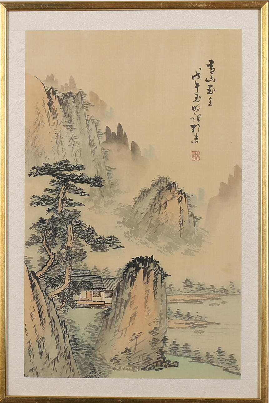 OIDENTIFIERAD KONSTNÄR. Landskap med berg, sidenmåleri, signerad, Kina.
