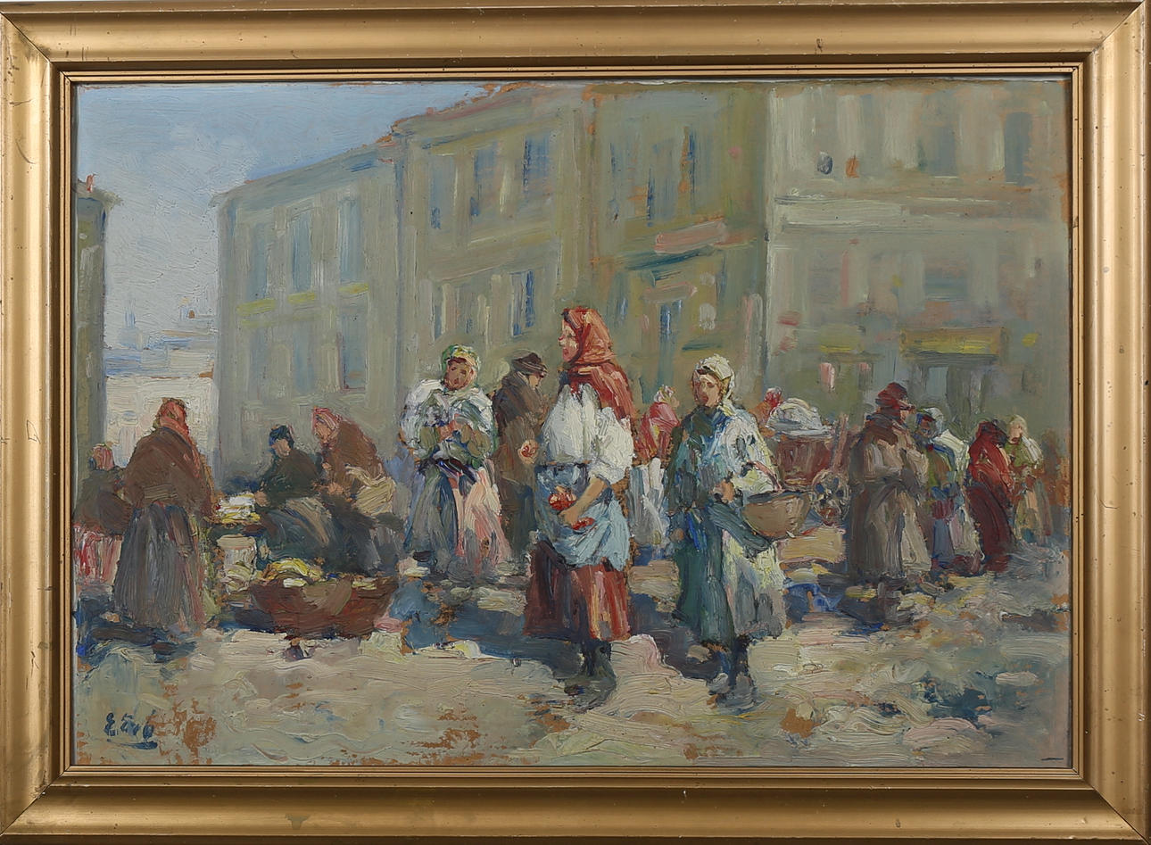 OIDENTIFIERAD KONSTNÄR. Marknad. Olja på pannå, signerad EE.