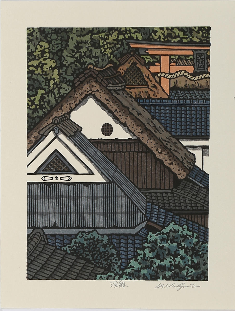 KATSUYUKI NISHIJIMA. Hustak, träsnitt, signerad K Nishijima.