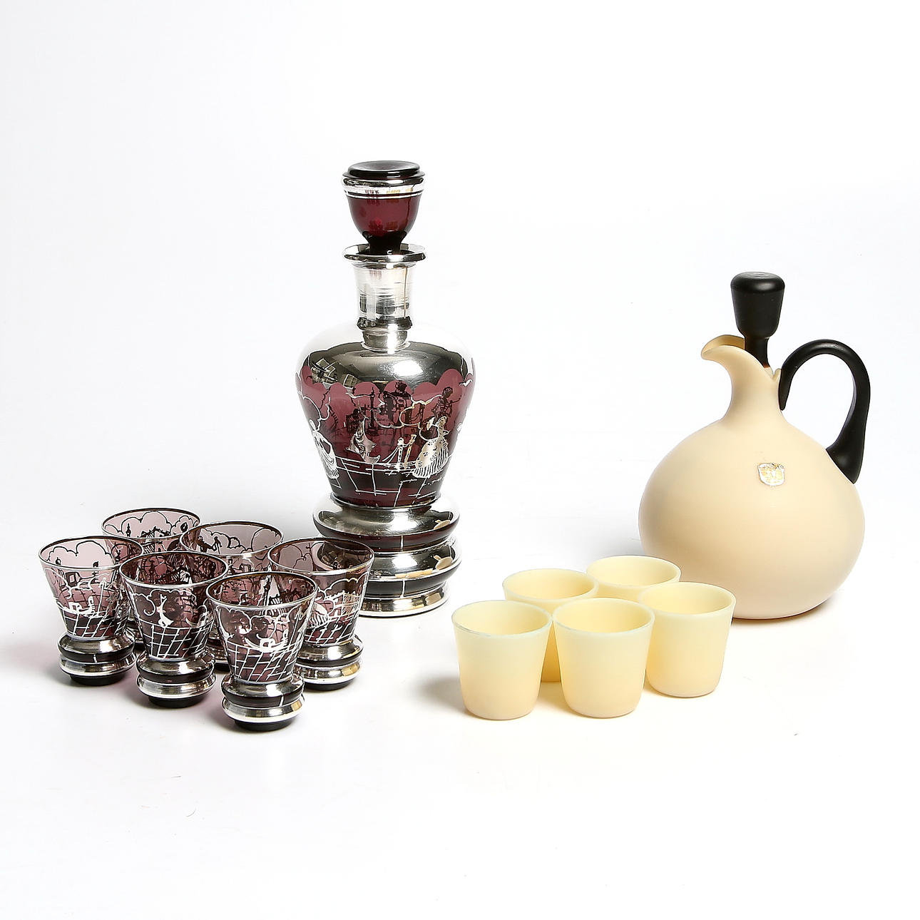 LIKÖRSERVISER, 13 delar, glas och silver, bl.a. Engshyttan, Art Deco. 1900-talets första hälft-.