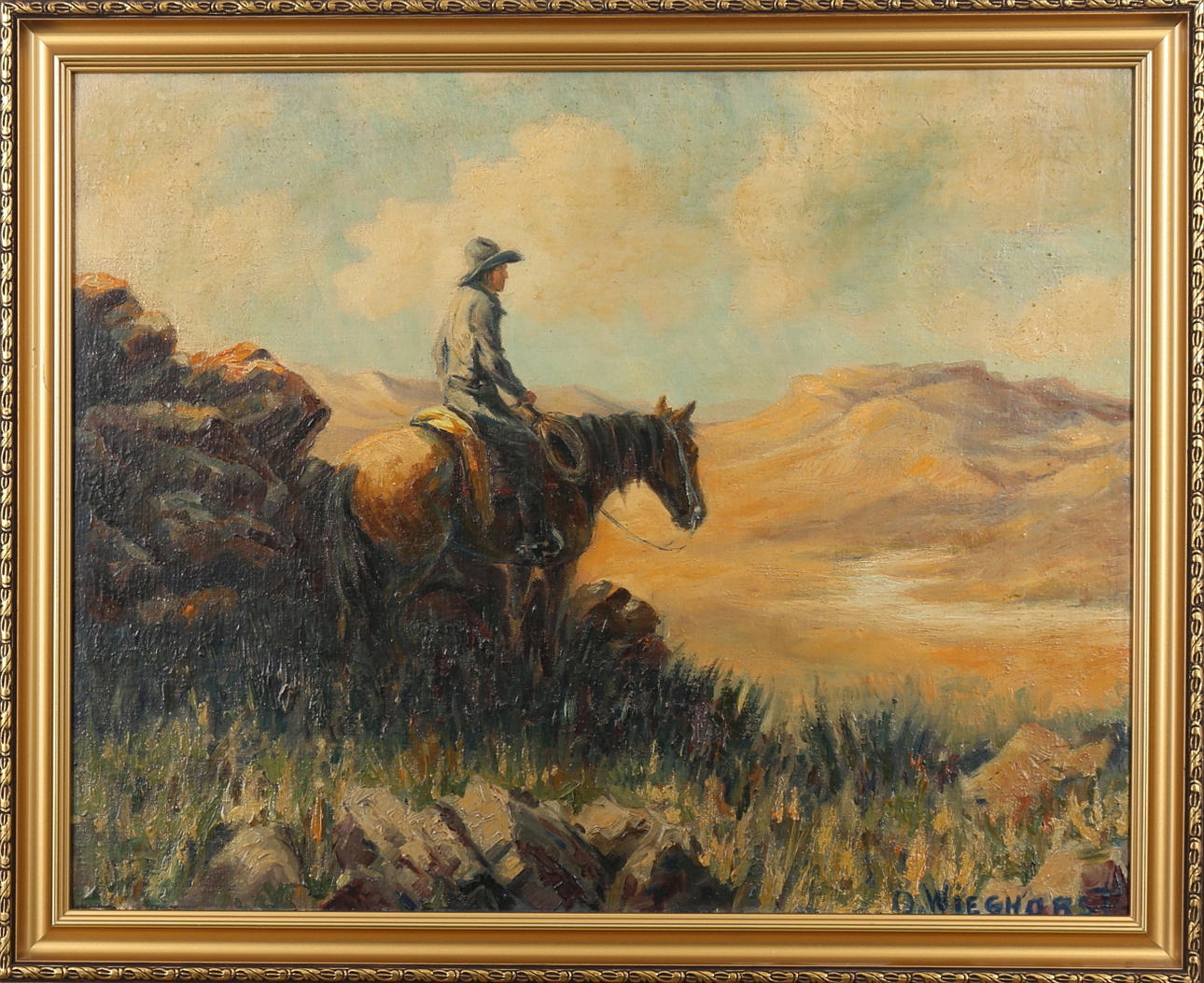 OLAF CARL WIEGHORST. Cowboy on horseback, olja på pannå, signerad O Wieghorst.