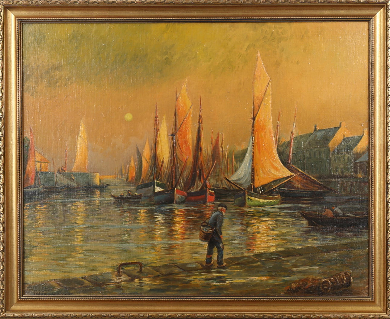 OLAF CARL WIEGHORST. Man at the harbor pier, California, USA, olja på pannå, signerad Wieghorst.