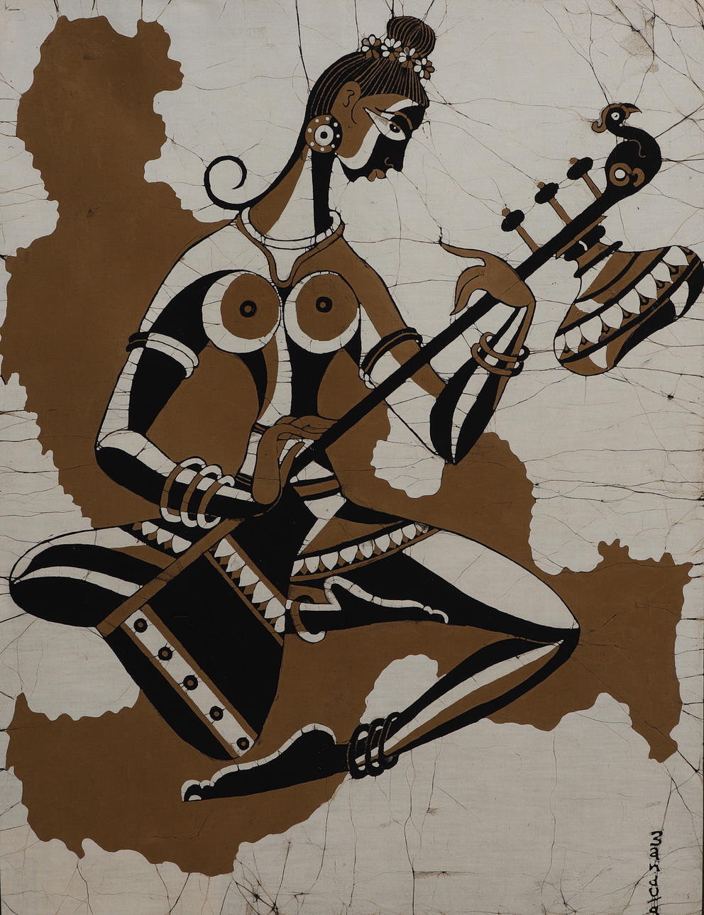 BANDULA FERNANDO. Batik on cotton fabric, woman with instrument, signed ...
