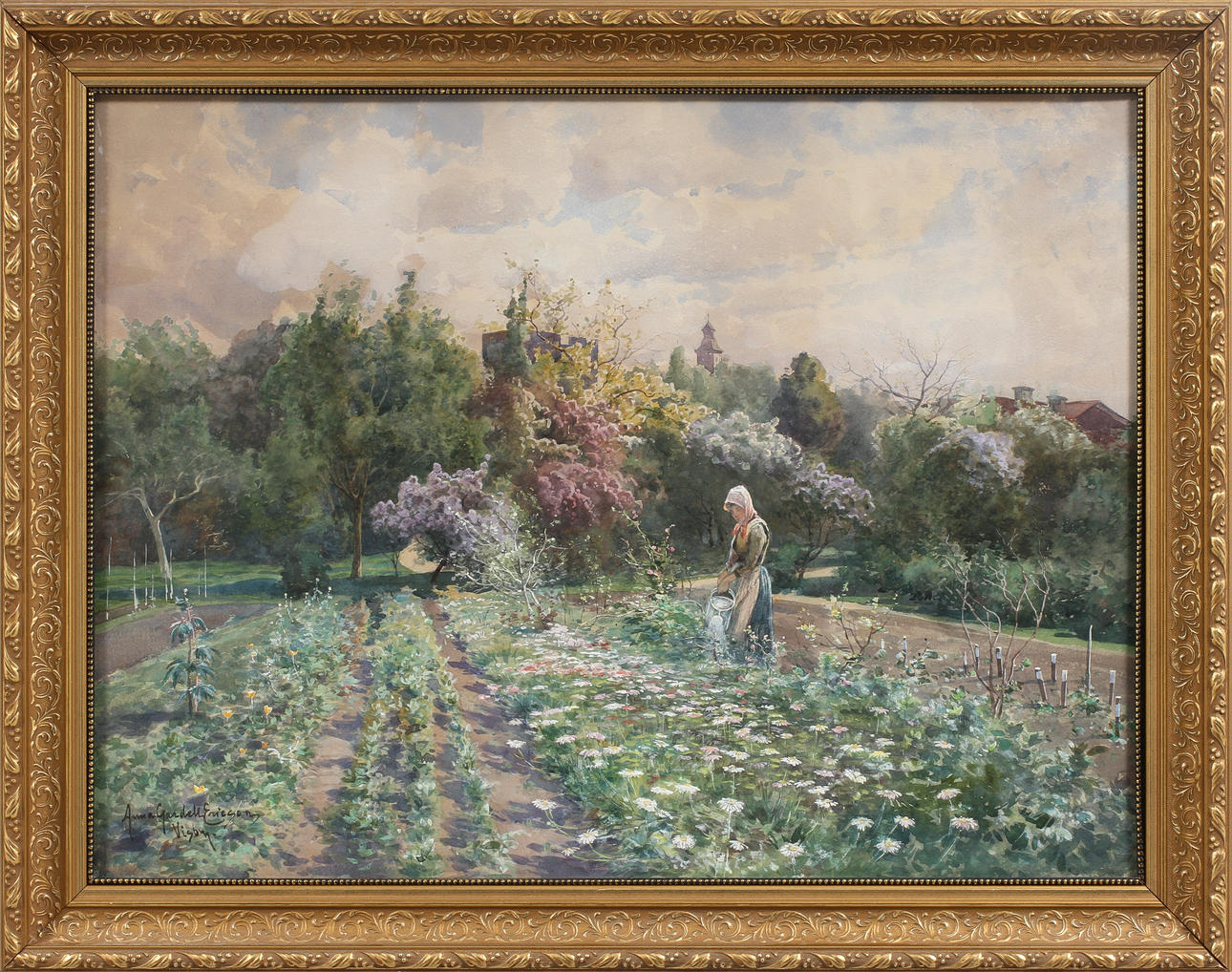 ANNA GARDELL ERICSON. Bommande köksträdgård i Visby. Akvarell, signerad.