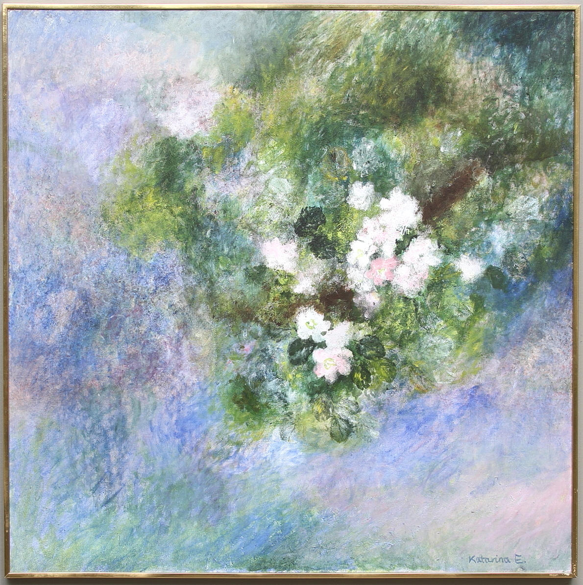 KATARINA ERIKSSON. "Äppelblom". Olja på duk, signerad Katarina E.