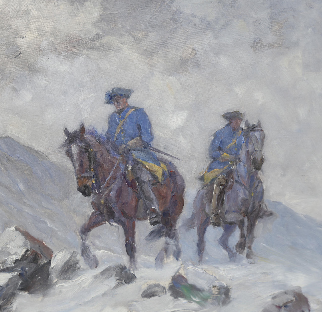 ALEXANDER LANGLET. Riding Carolines in snowy landscape. Oil on canvas, signed and dated.