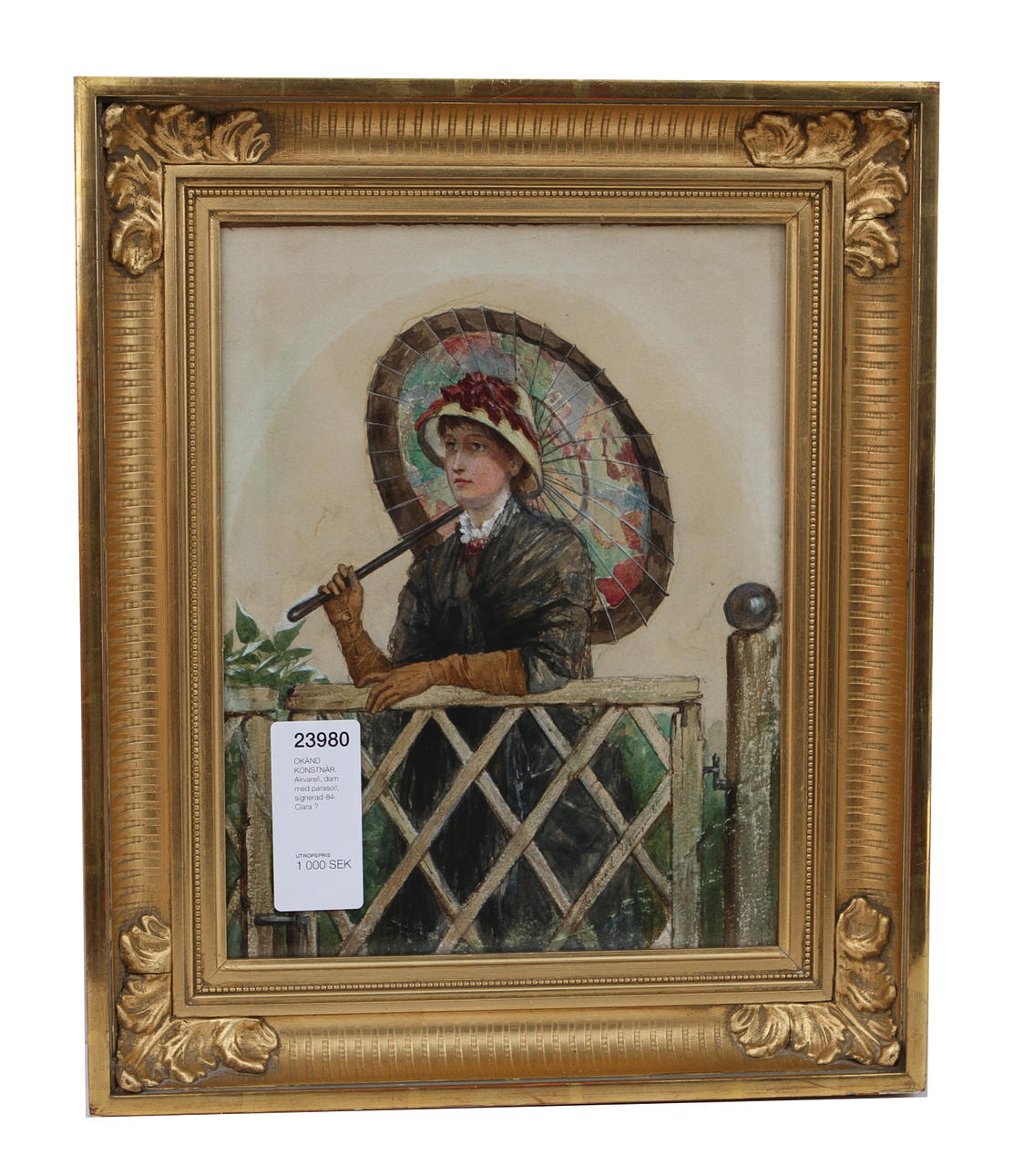 OKÄND KONSTNÄR. Akvarell, dam med parasoll, signerad-84. Clara ?