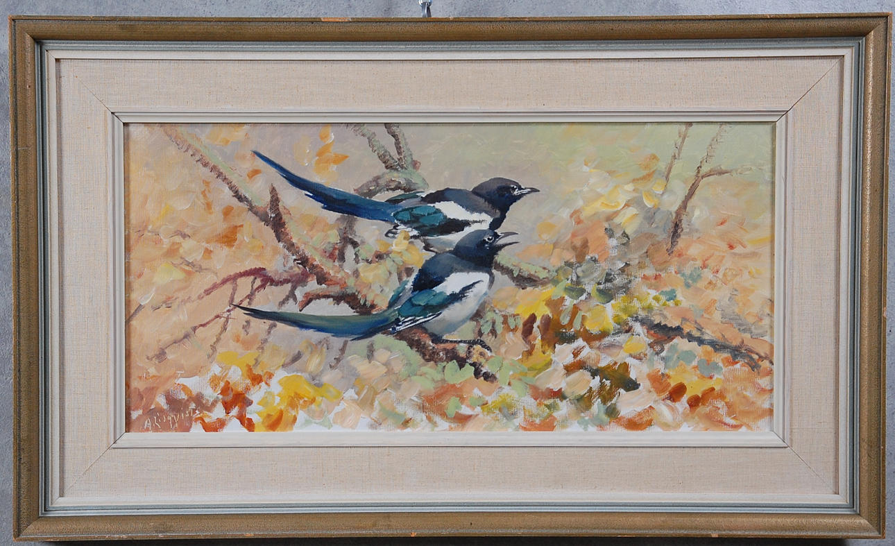 ARNE LIDQVIST. 1919-, olja på duk, " Skator " signerad.