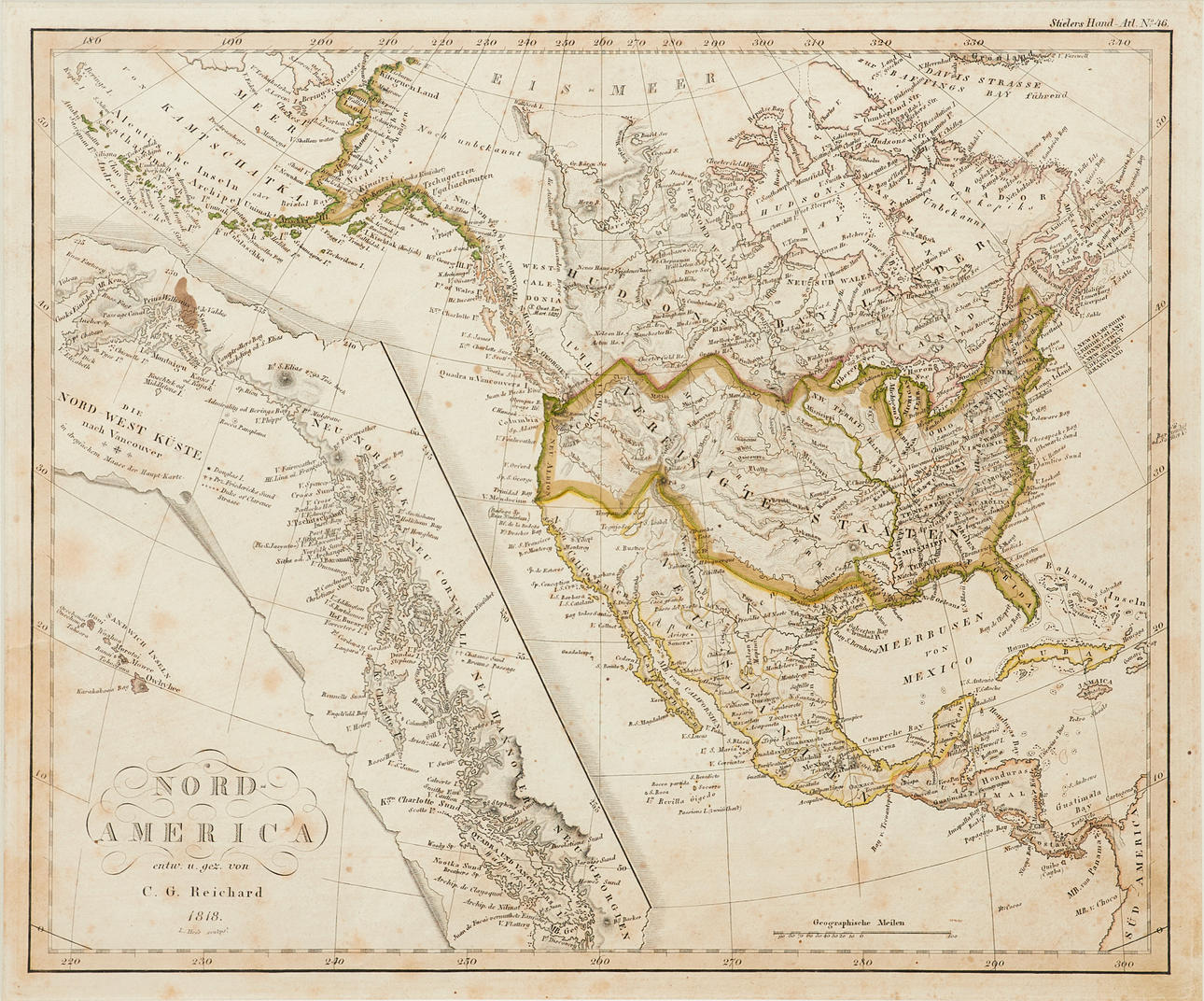 MAP, NORTH AMERICA, 1818, CG Reichard, colored borders.