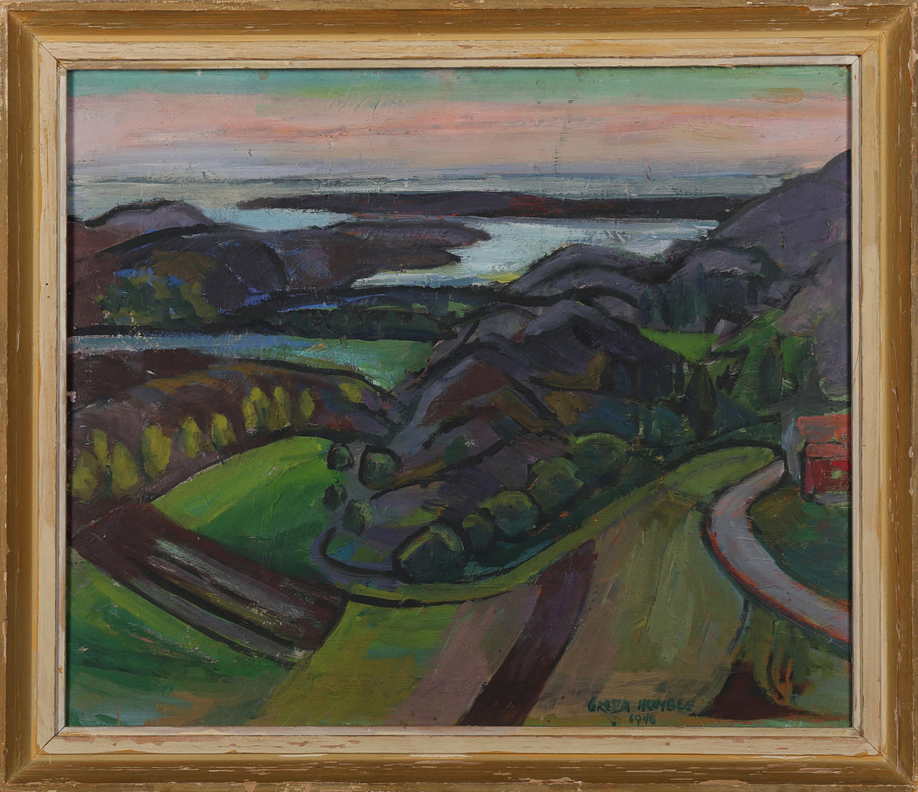 GRETA HUMBLE. Olja på pannå, Utsikt över kusten. signerad samt daterad 1946.
