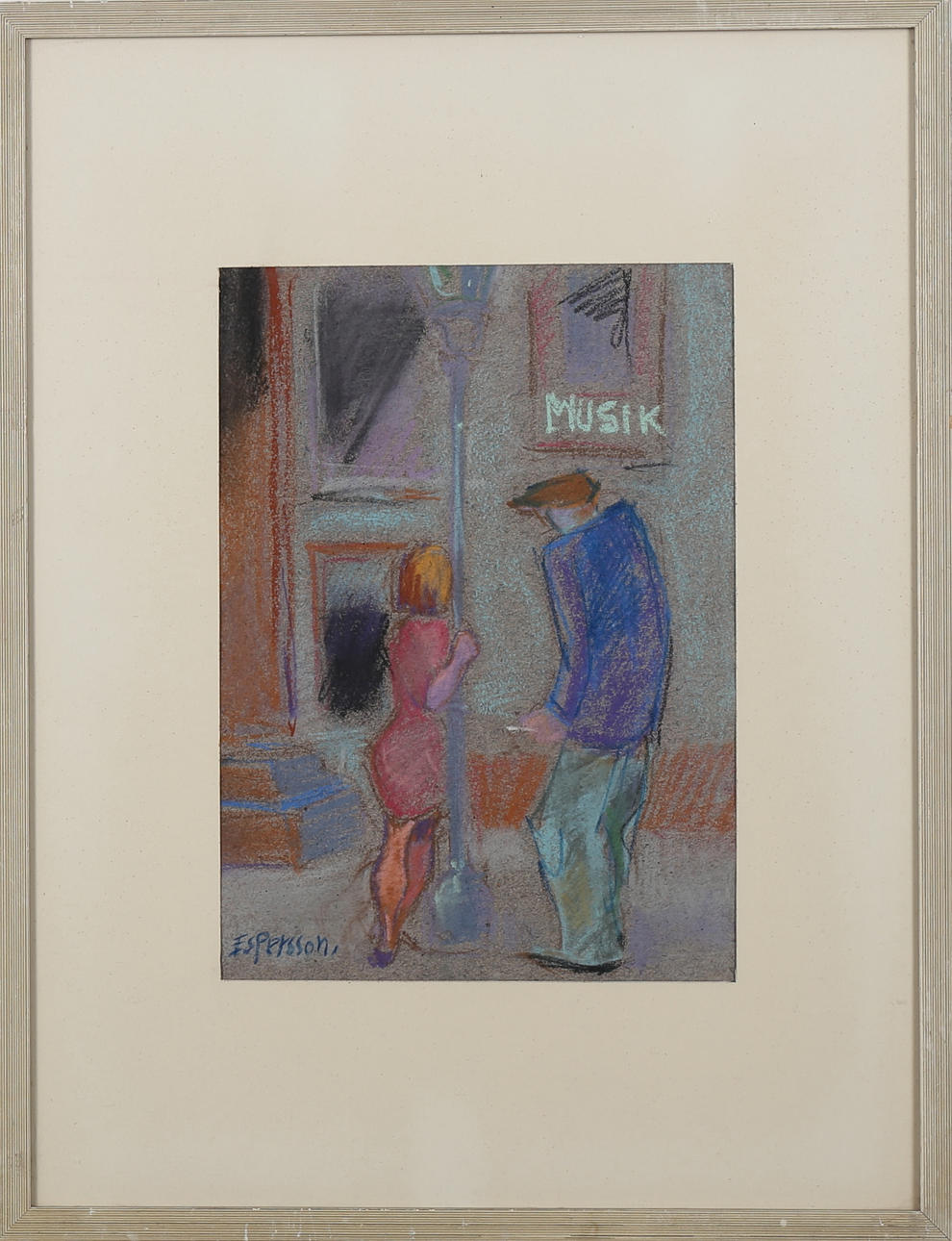 ERIK SIGFRID PERSSON. Gatumiljö med par, pastell, signerad E.S Persson.