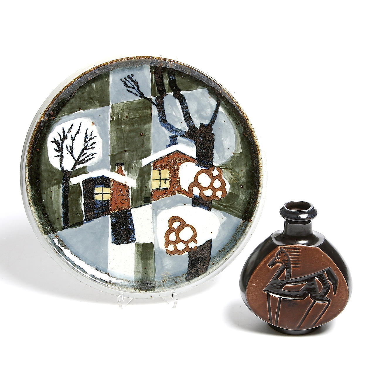 VÄGGFAT samt VAS, stengods, Gunnar Millberg, Rörstrand. Otto Muldus, Norge.