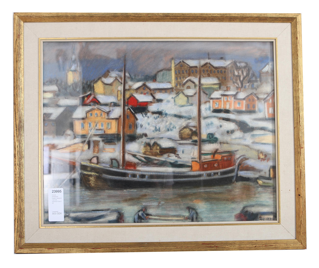 FOLKE PERSSON. Pastell, stadsbild med båt, signerad Folke P.
