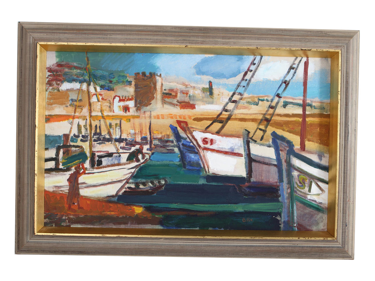 BRITA HANSSON. Olja på duk, hamnbild, signerad.