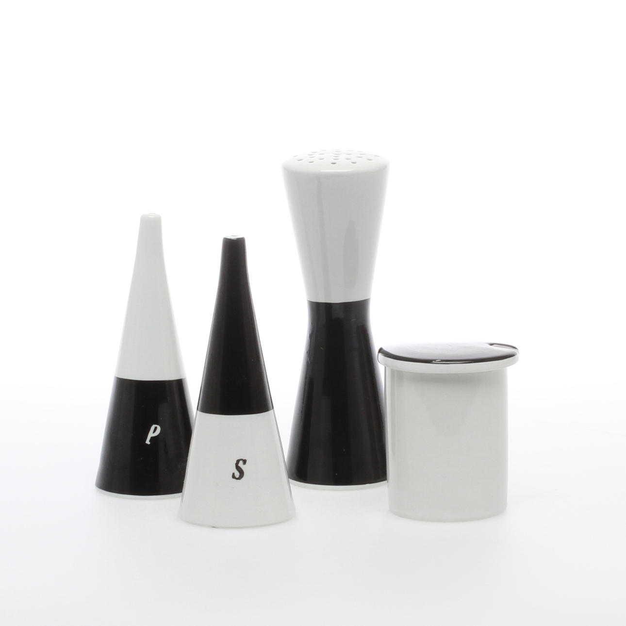 SOCKERSTRÖARE, SENAPSBURK, SALT- samt PEPPARKAR, porslin, "Colorado" Stig Lindberg Gustavsberg.