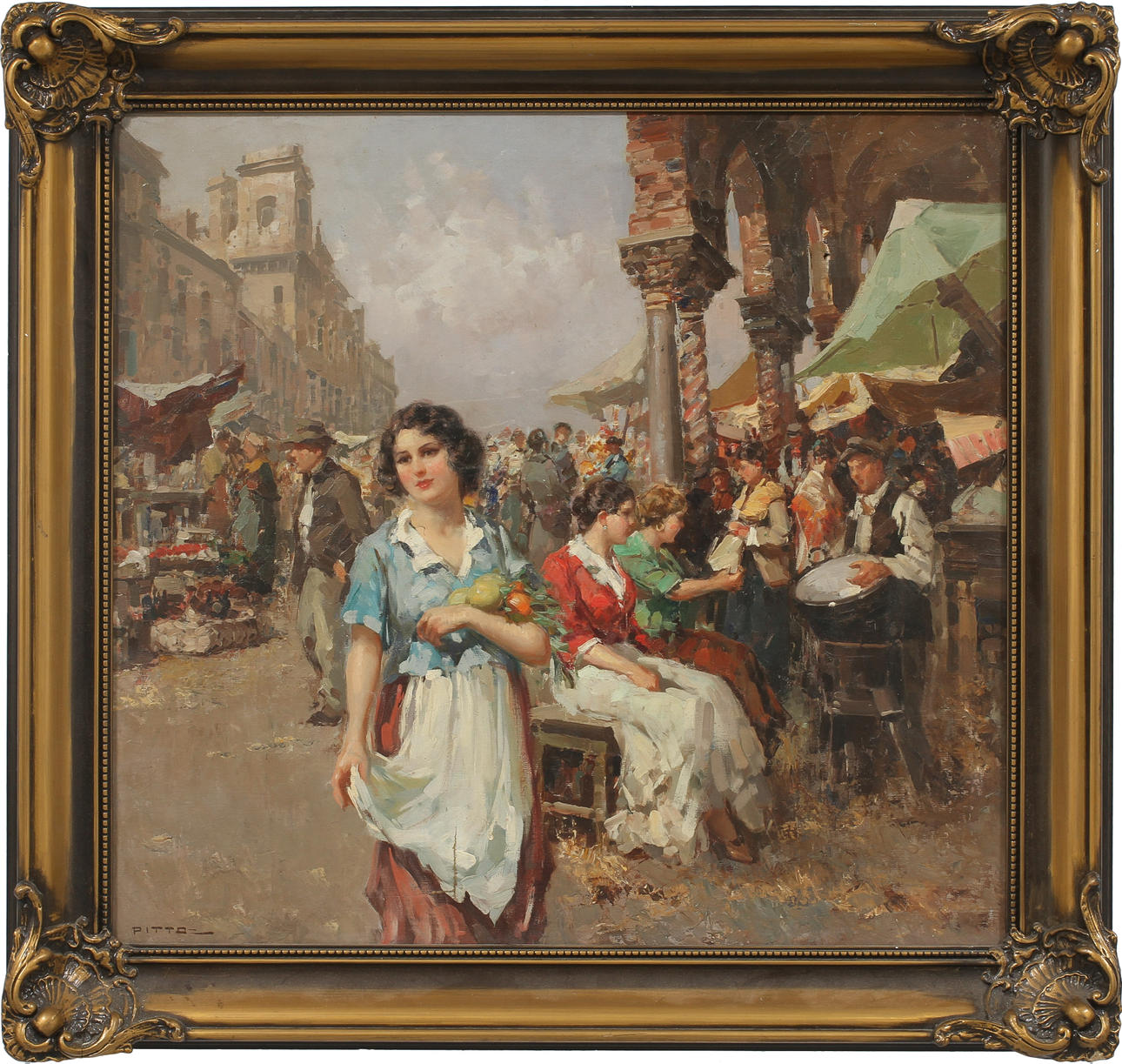 GUISEPPE PITTO. Marknadsscen, olja på duk, sign.