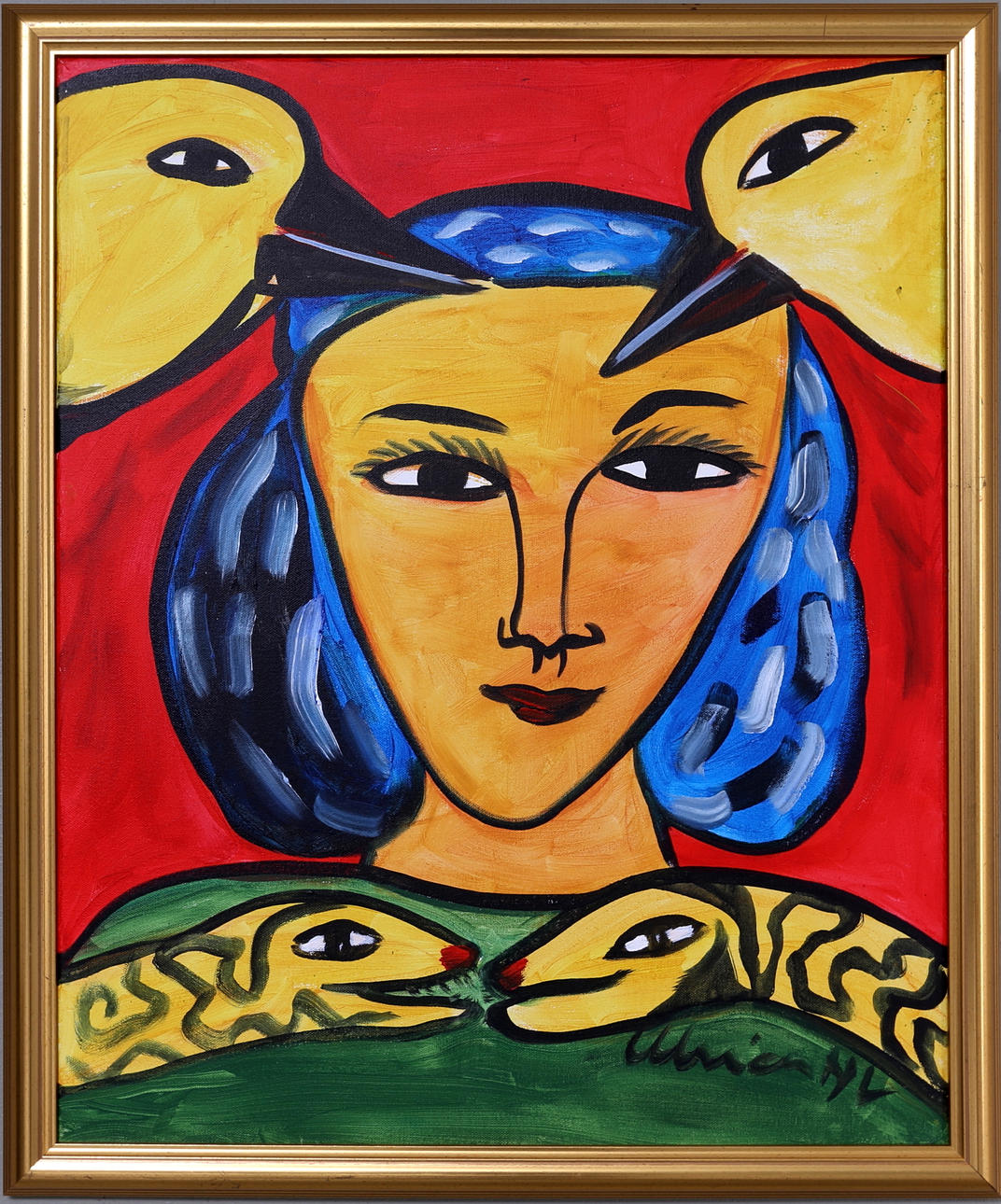 ULRIKA HYDMAN WALLIEN. Kvinna med ormar och fåglar, olja på duk, signerad.