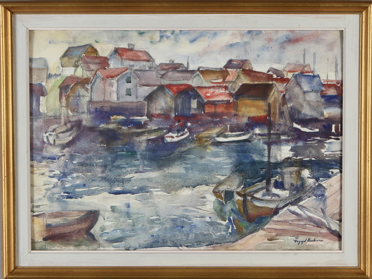 INGEGERD BESKOW. Hamnmotiv, akvarell, signerad.