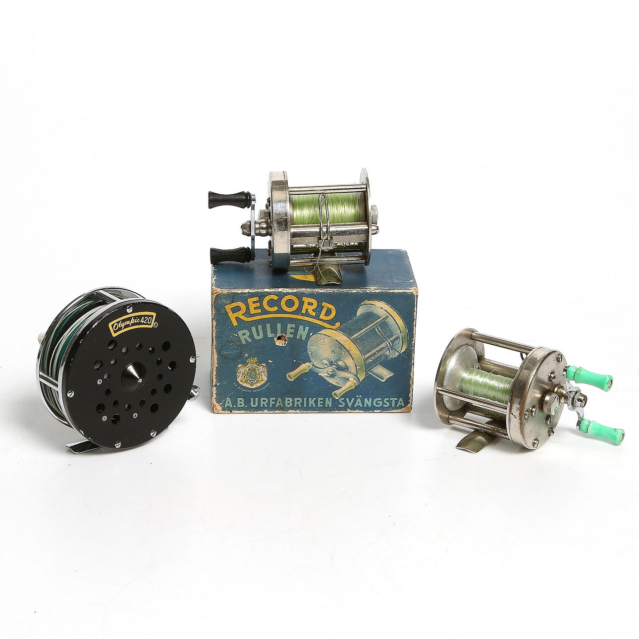 FISKERULLAR, 3 st, bl.a. Recordrullen i originalask, Urfabriken Svängsta. 1940/50 tal.