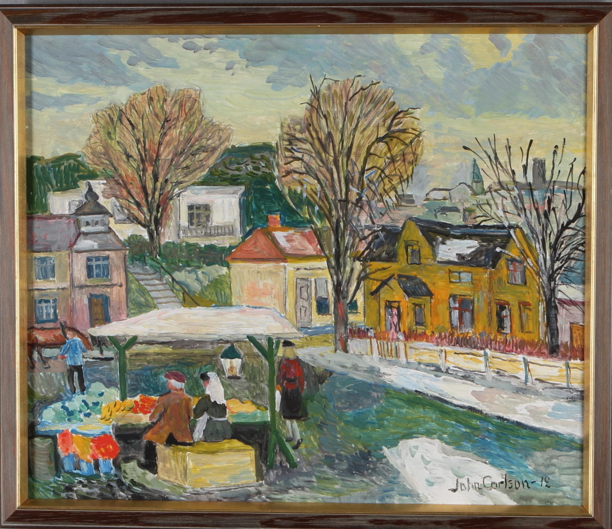 JOHN CARLSON. Stadsbild, blandteknik på pannå, signerad samt otydlig datering.