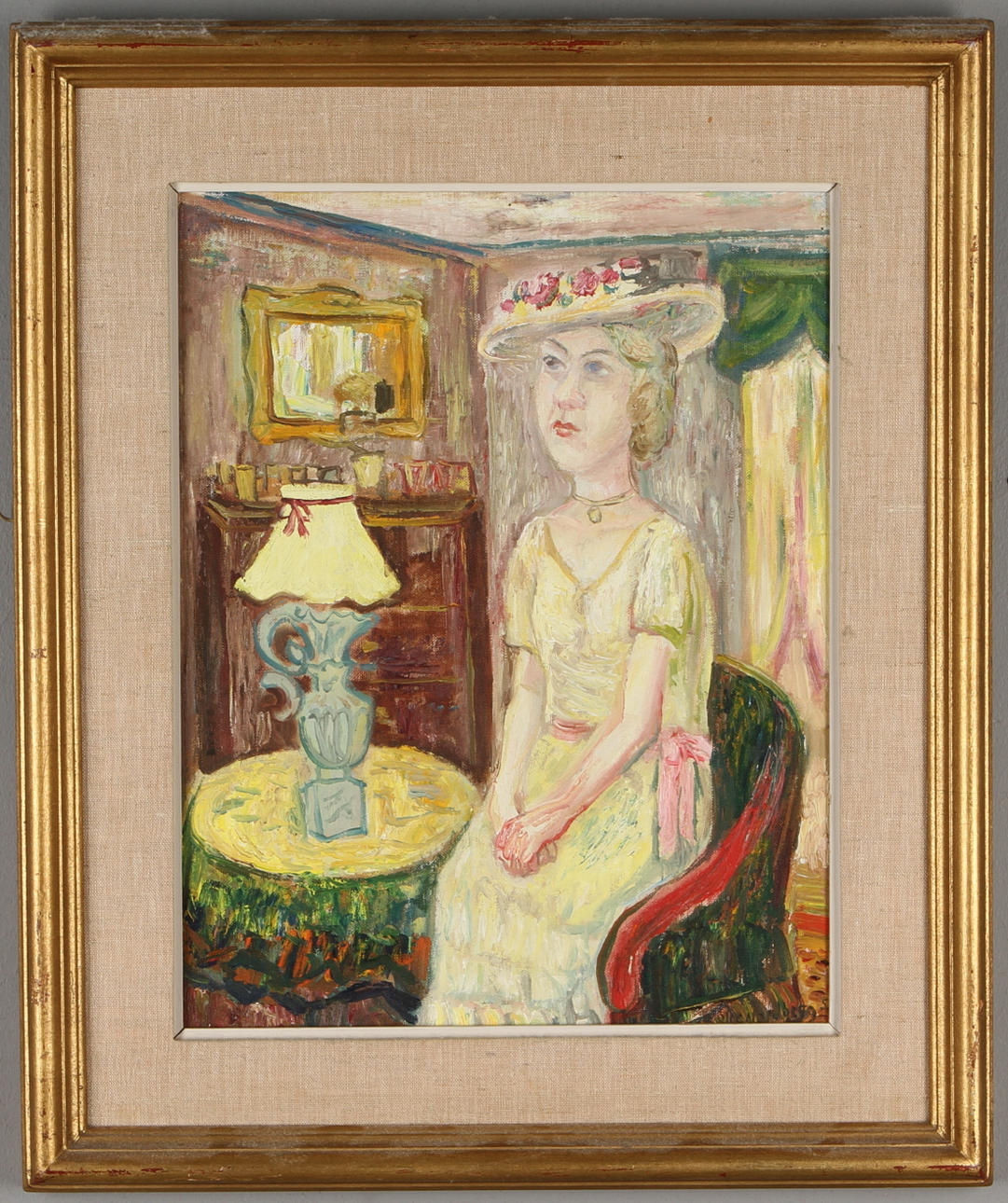 OLLE NORDBERG. Interiör med kvinna, olja på pannå, signerad.