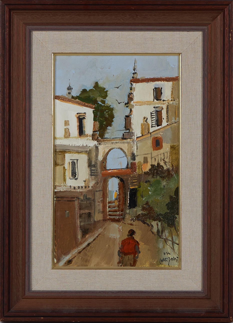 OLLI JOKI. Street view, signed, oil on oard.