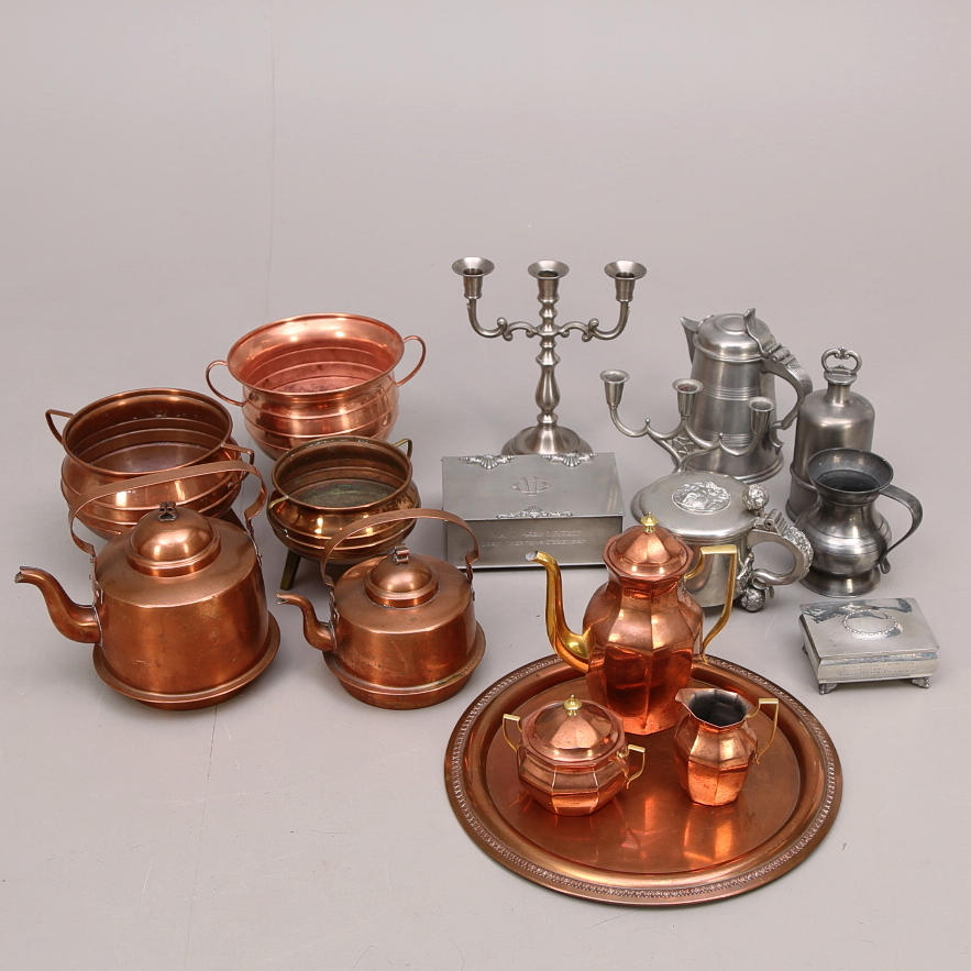 KOPPAR- och TENNFÖREMÅL 17 st, diverse.