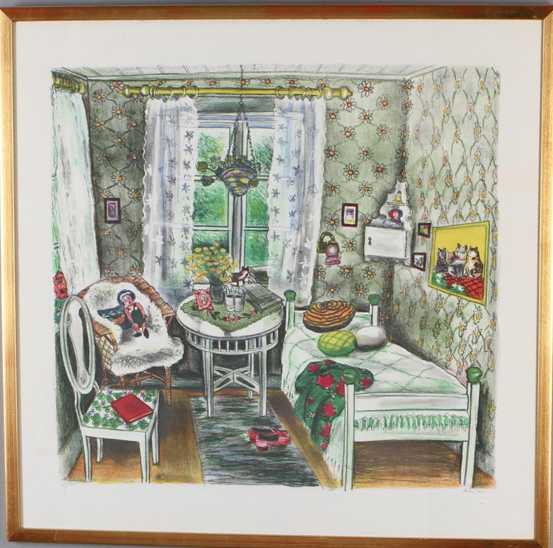 EVY LÅÅS. Interiör, färglitografi, signerad och numrerad 61/225.