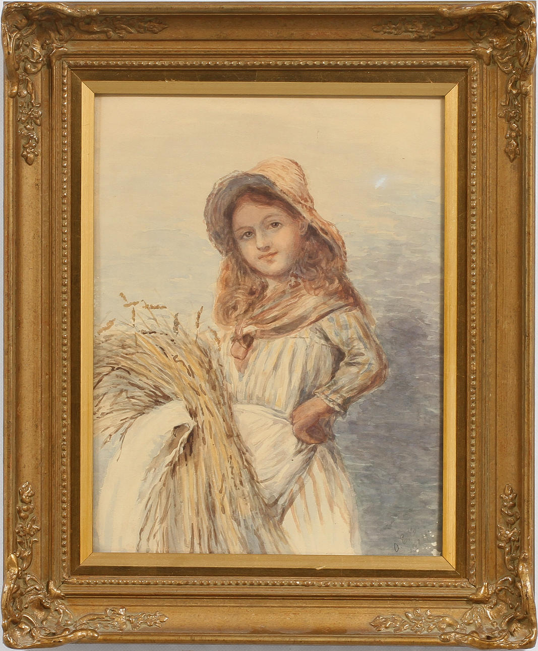 OIDENTIFIERAD KONSTNÄR. Flicka med kärve, akvarell, monogramsignerad samt daterad 1904.