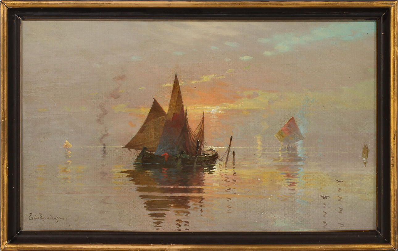 ELIS LINDGREN. Båt på hav. Olja på duk, signerad.