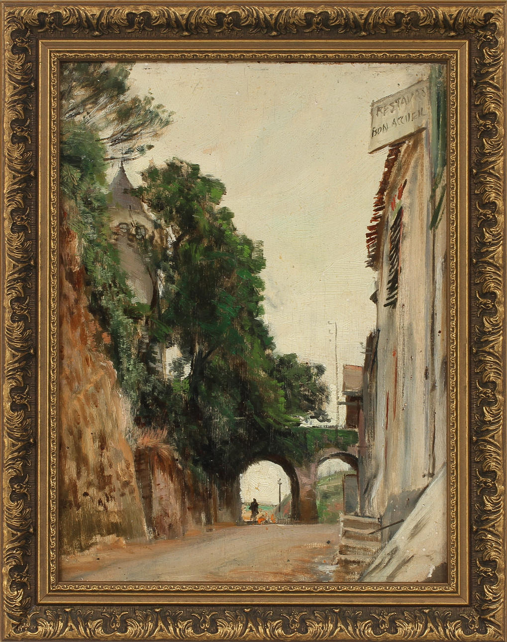 FRANK LEWIS EMANUEL. TILLSKRIVEN. Franskt gatumotiv. Olja på pannå, påskrift a tergo.