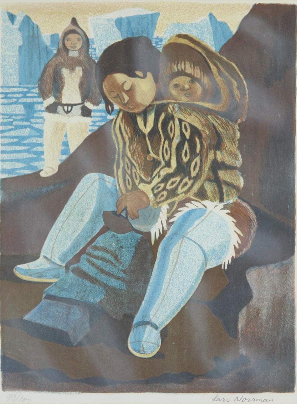 LARS NORRMAN. Litografi, 93/100, två kvinnor, inuiter, signerad