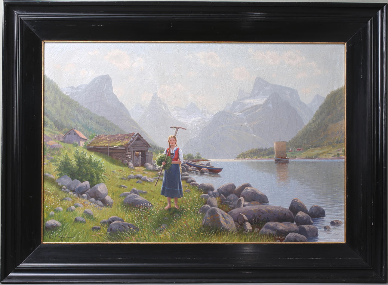 EMMA PASTOR NORMANN. Fjordlandskap, olja på duk, signerad och daterad EP Normann -1919.