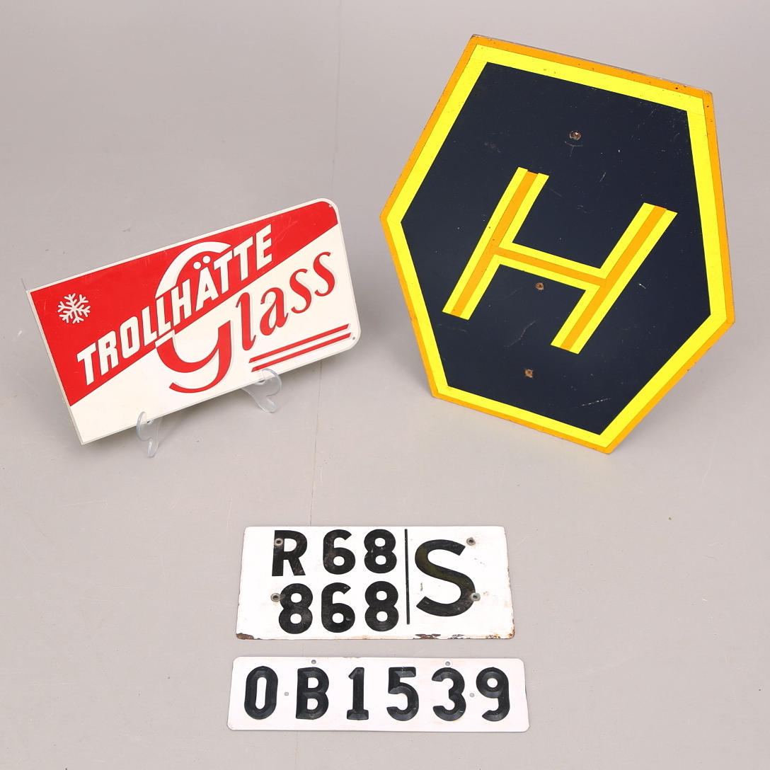 SKYLTAR, 4 st, metall/masonit., 1960-tal.