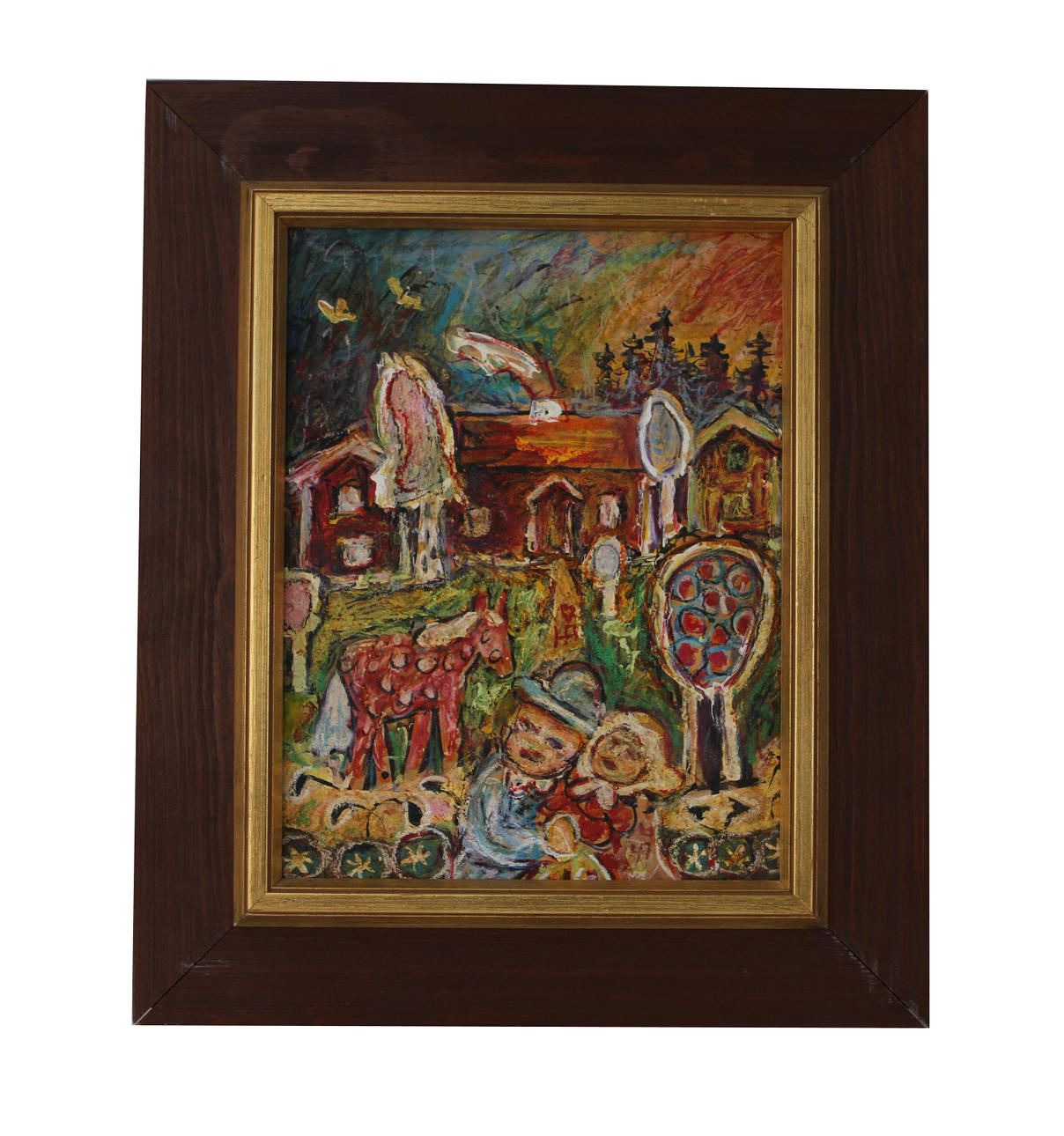 HANS ÅNGSÄTER. Blandteknik på pannå. "guldbröllop", signerad.