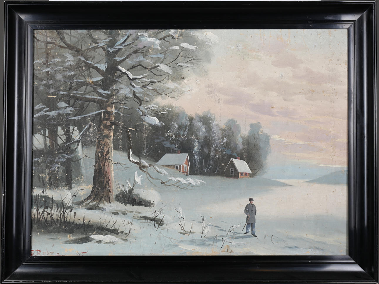 GUSTAV ROBÉ. Herre på promenad i vinterlandskap. Olja på duk, signerad.