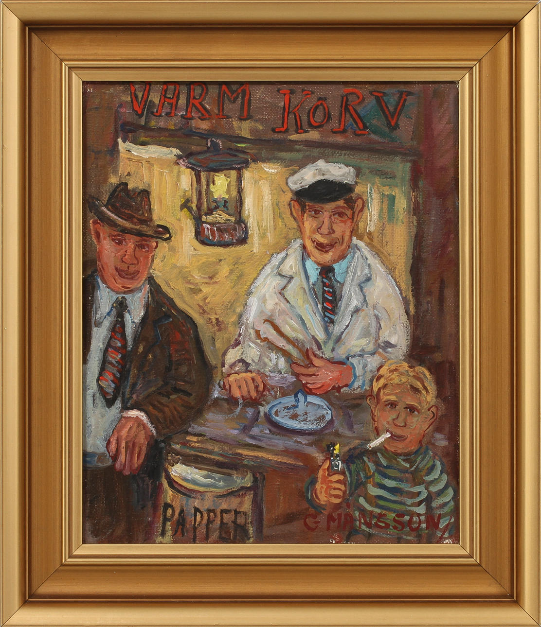 GÖSTA MÅNSSON. "Hos korvgubben", olja på duk, signerad.