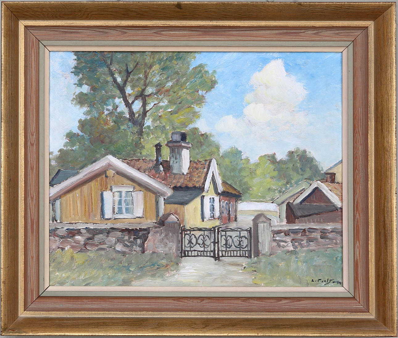 LAGE CARLSSON. Den gula stugan, olja på pannå, signerad.