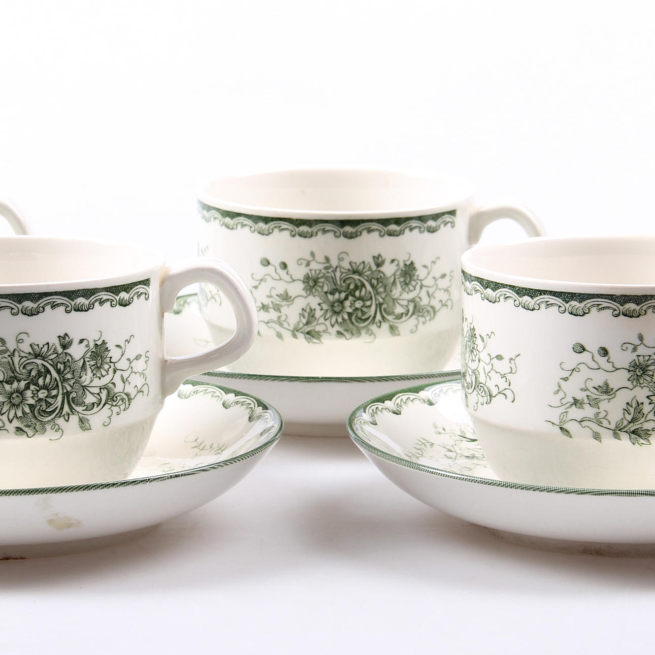 TEKOPPAR, med fat, 11 delar, porslin, gröna anna, Rörstrand, 1900-tal.