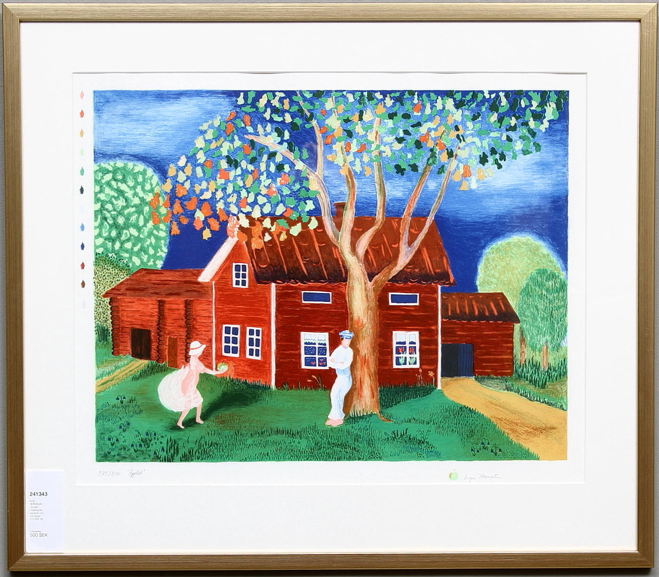 INGA HERMELIN. "Äpplet". Färglitografi, signerad och numrerad 275/300.