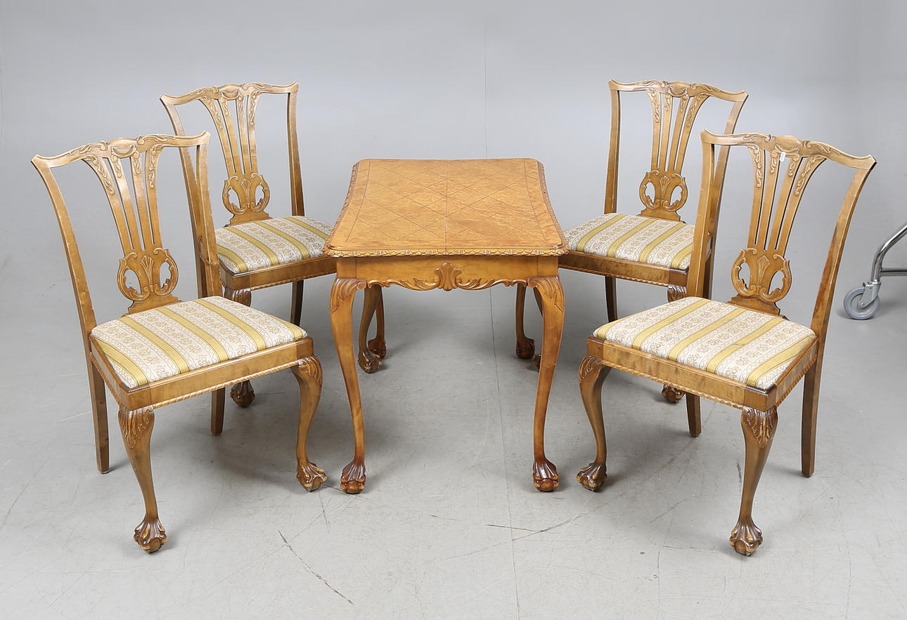 MATSALSMÖBEL, 5 delar, björk, chippendalestil, 1900-tal.