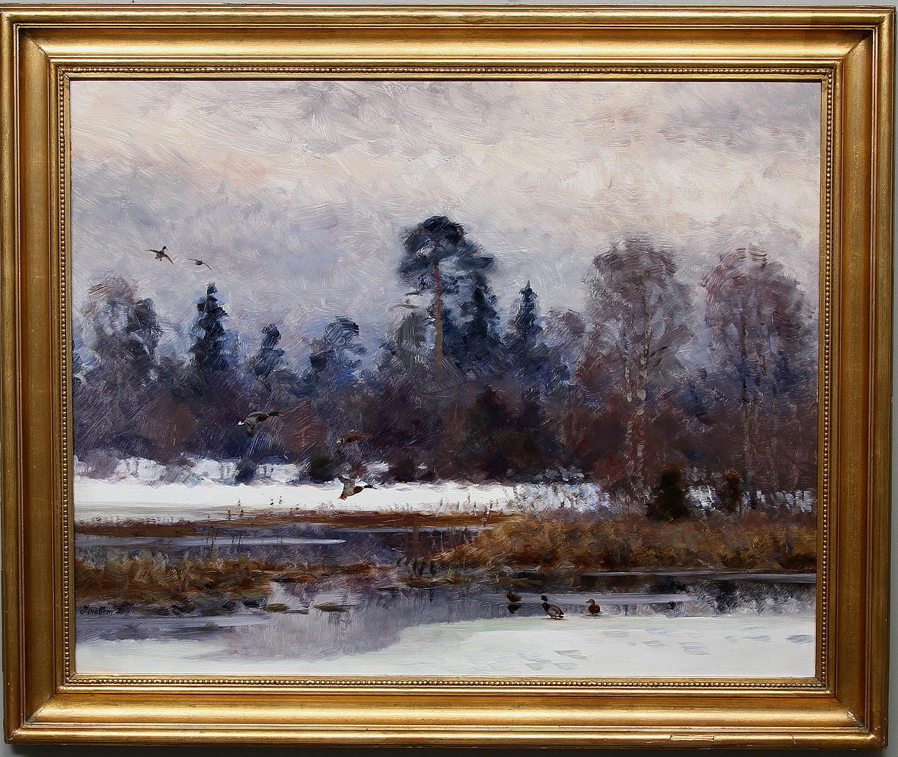 LINDORM LILJEFORS. Fällande änder, Olja på pannå signerad Lindorm L och daterad -44.