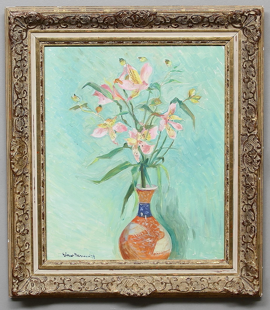 EINAR NERMAN. "Skära liljor" olja på pannå, signerad Einar Nerman samt daterad -72.